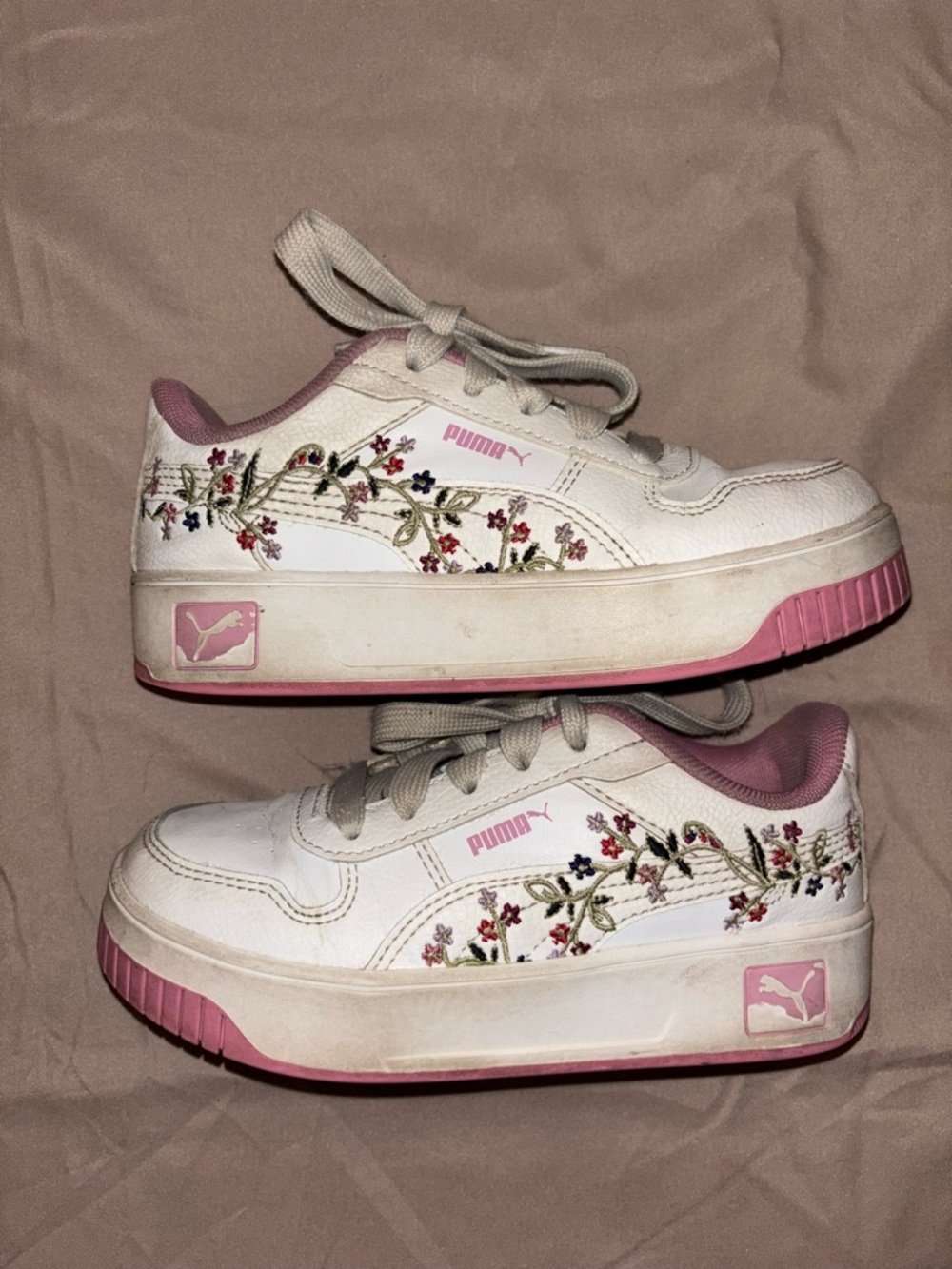 Puma White and Pink Floral Embroidered Platform Sneakers